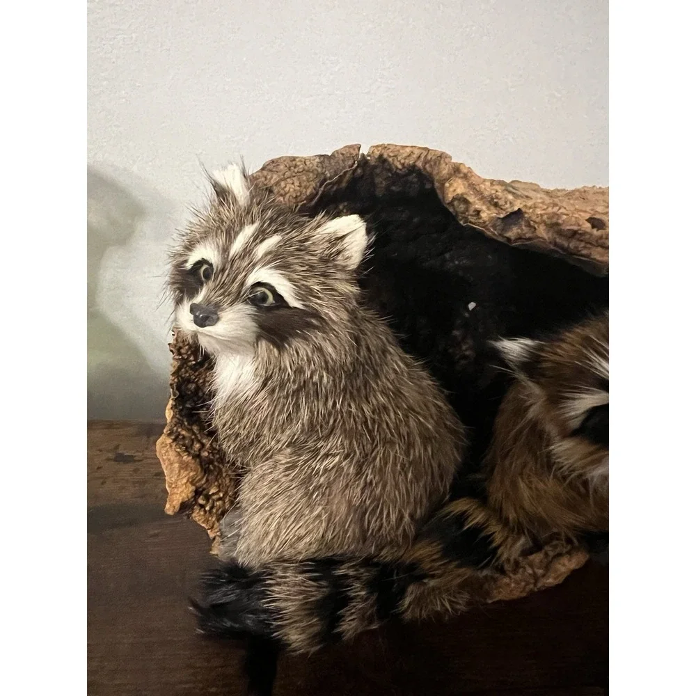 Faux Fur Woodland Critters in Cork Bark Log Display Rustic Cabin Decor 10